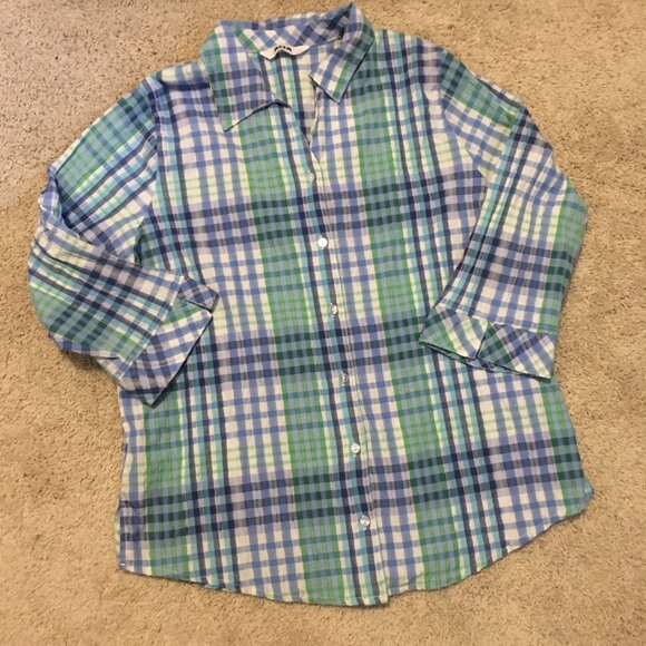 Vintage Alia Plaid Seersucker Green & Blue Picnic Button Down Shirt - Picture 11 of 16